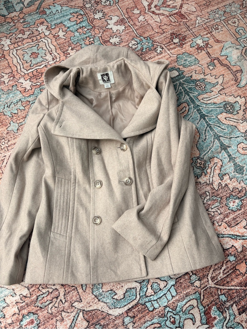 Anne Klein L Women's Beige Double-Breasted Hooded Wool Coat